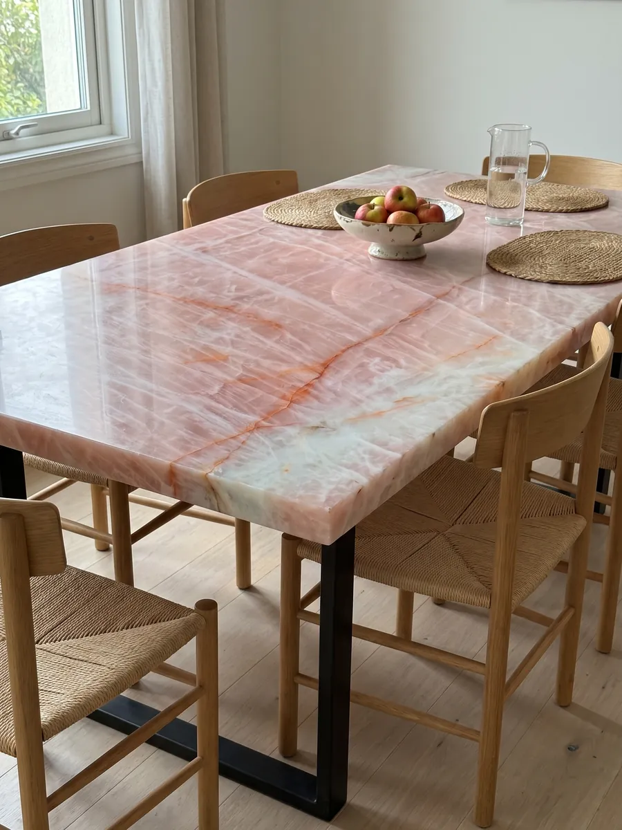 Dining table with a Cristallo Rosa quartzite top on a steel base: salmon pink with horizontal orange veins and a light blue area at the bottom