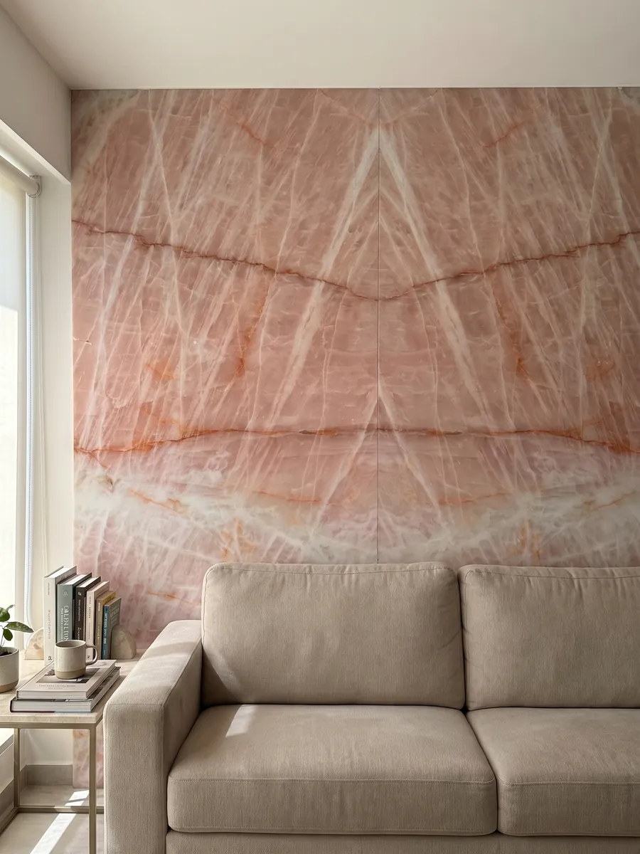 Living room wall clad in bookmatched Cristallo Rosa quartzite slabs behind a sofa: salmon pink with horizontal orange veins and a light blue area at the bottom