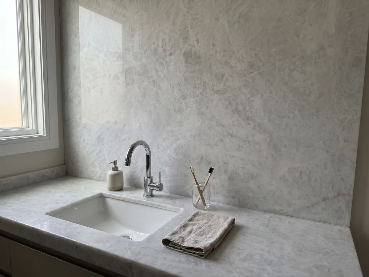 Bathroom vanity top and wall in grey Cristallo quartzite with a white sink and chrome fixtures: near-uniform greyish white with a soft crystalline look