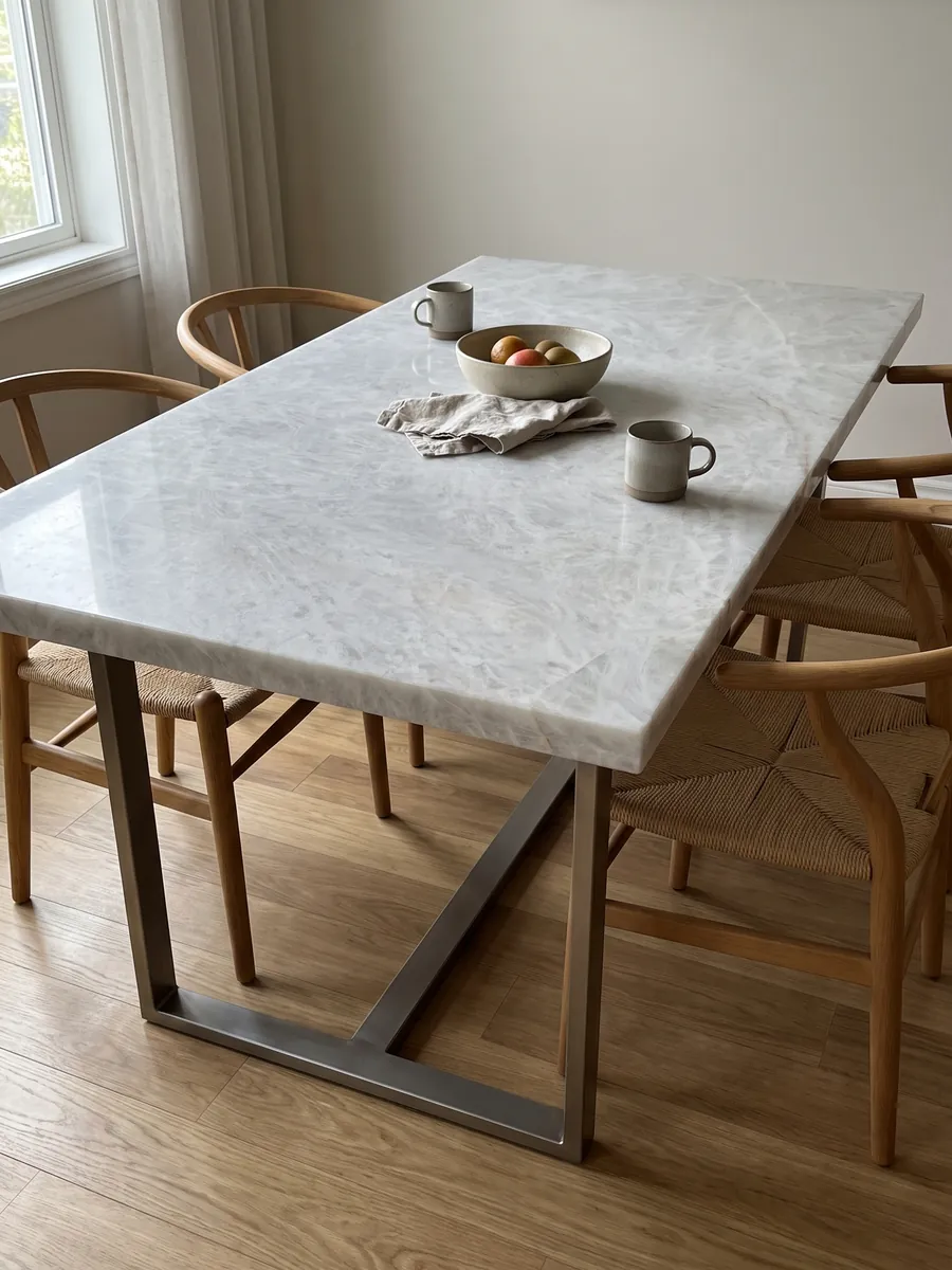 Dining table with a grey Cristallo quartzite top on a steel base: near-uniform greyish white with a soft crystalline look
