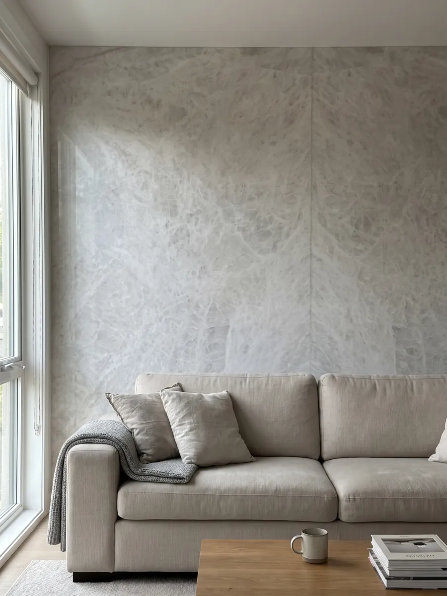 Living room wall clad with bookmatched grey Cristallo quartzite slabs behind a sofa: near-uniform greyish white with a soft crystalline look