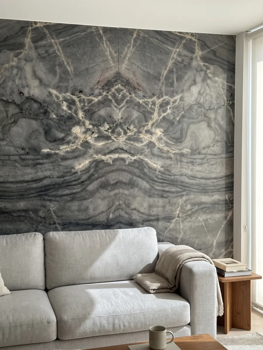 Living room wall clad in bookmatched London Grey quartzite slabs behind a sofa: charcoal grey with a network of cream veins and dark horizontal waves