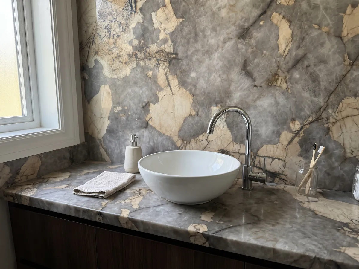 Bathroom vanity top and wall in Patagonia gray quartzite with a white sink and chrome faucet: cloudy gray with large irregular beige patches and fine dark lines