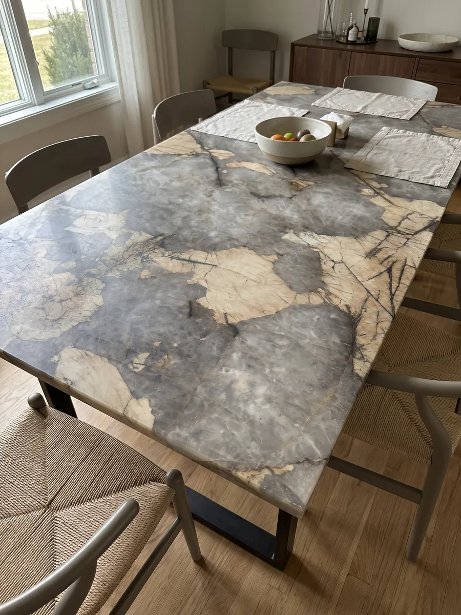 Dining table with a gray Patagonia quartzite top on a steel base: cloudy gray with large irregular beige patches and fine dark lines