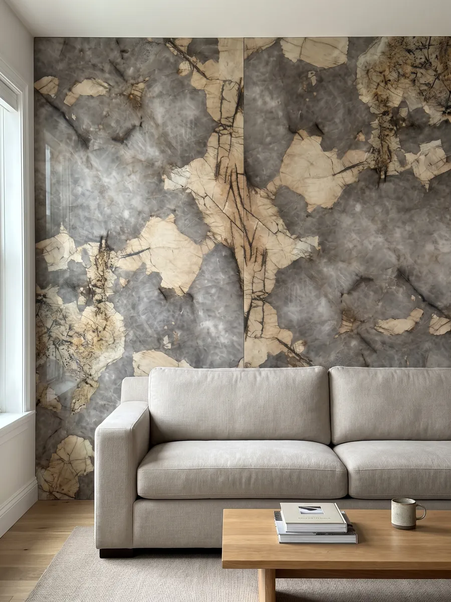 Living room wall clad with bookmatched gray Patagonia quartzite slabs behind a sofa: cloudy gray with large irregular beige patches and fine dark lines