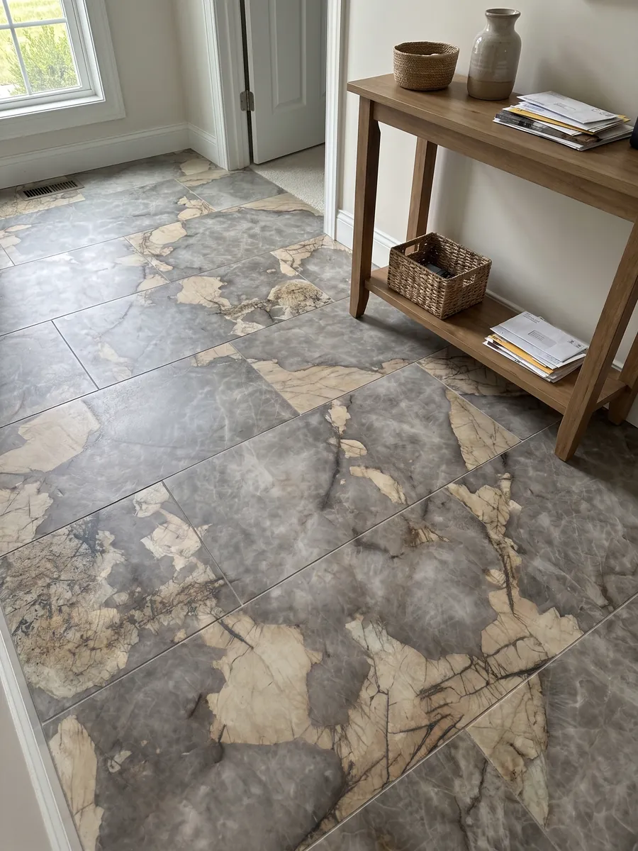 Entryway floor in large gray Patagonia quartzite slabs with natural light: cloudy gray with large irregular beige patches and fine dark lines