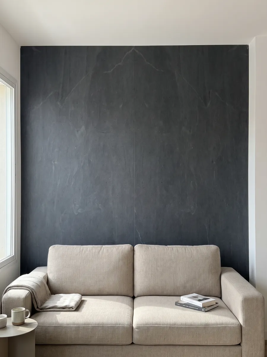 Living room wall clad in bookmatched slabs of gray Pietra del Cardoso quartzite behind a sofa: uniform dark slate gray, no pattern