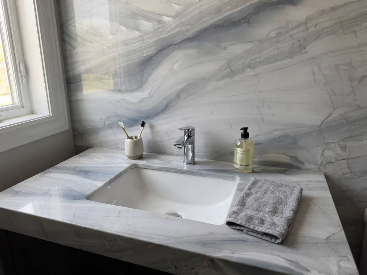 Vanity top and bathroom wall in gray Polaris quartzite with a white sink and chrome faucets: light gray with soft blue-gray waves running on the diagonal