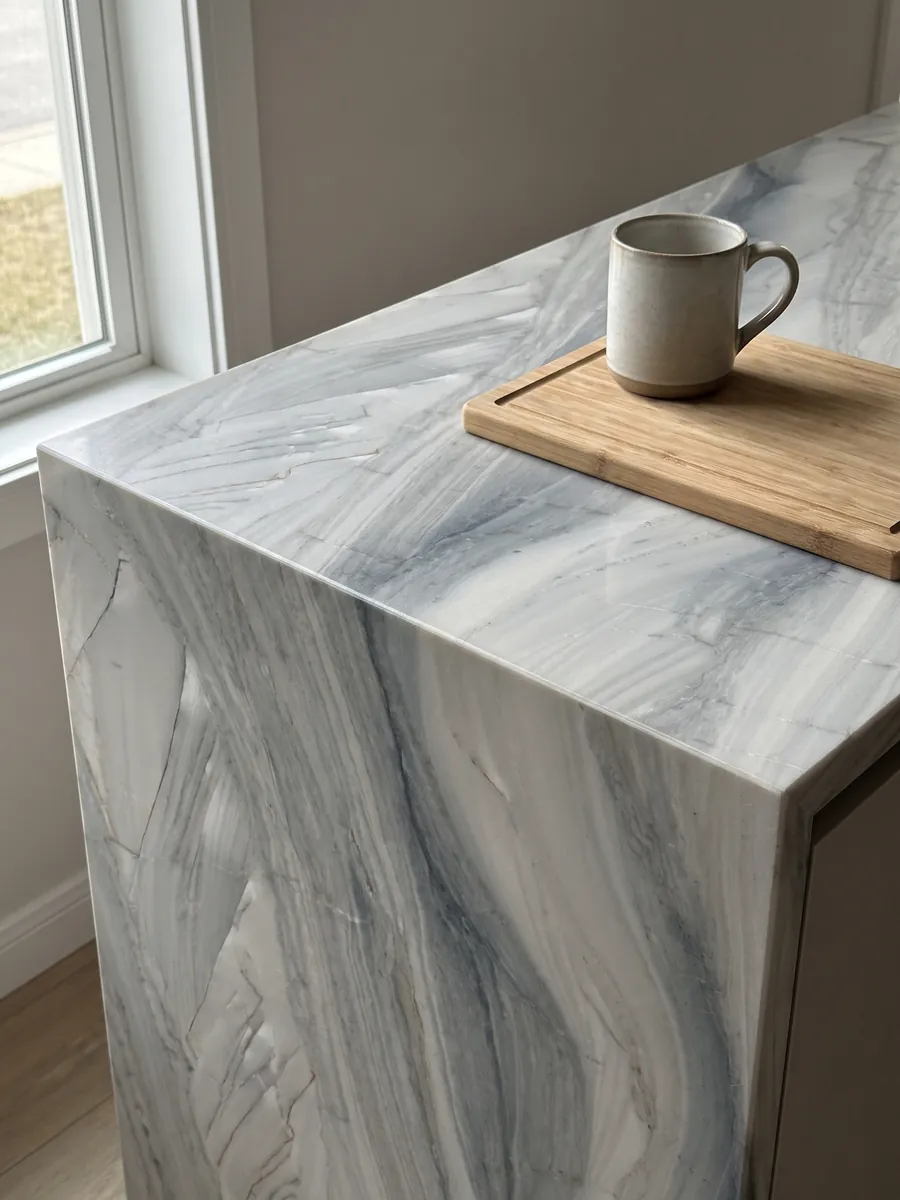 Straight edge of a gray Polaris quartzite kitchen countertop with the vein running over the edge: light gray with soft blue-gray waves running diagonally