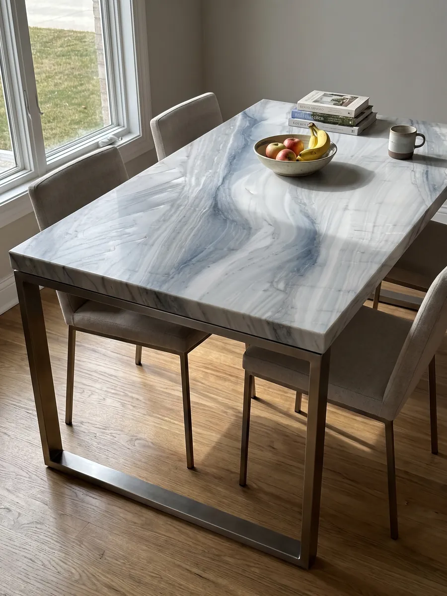 Dining table with a gray Polaris quartzite top on a steel base: light gray with soft blue-gray waves running diagonally
