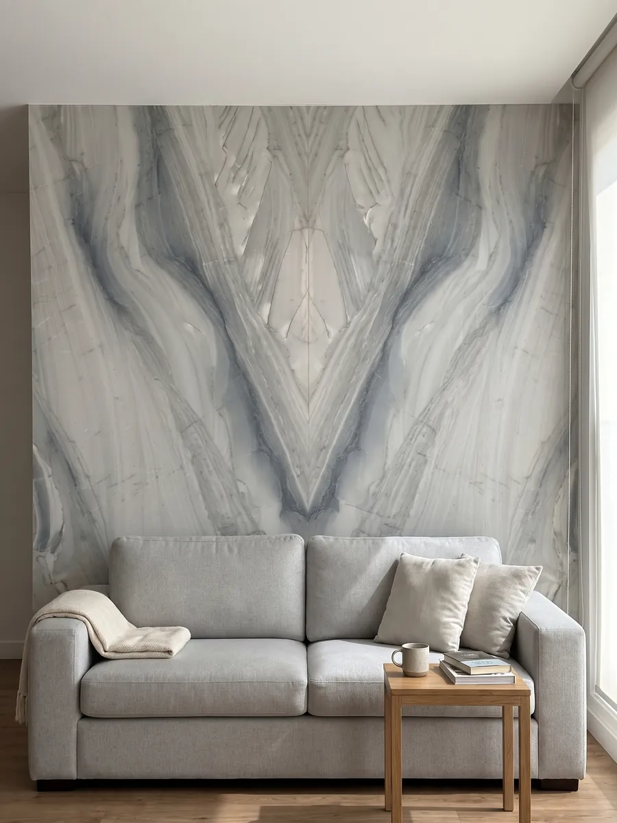 Living room wall clad in bookmatched gray Polaris quartzite slabs behind a sofa: light gray with soft blue-gray waves running diagonally