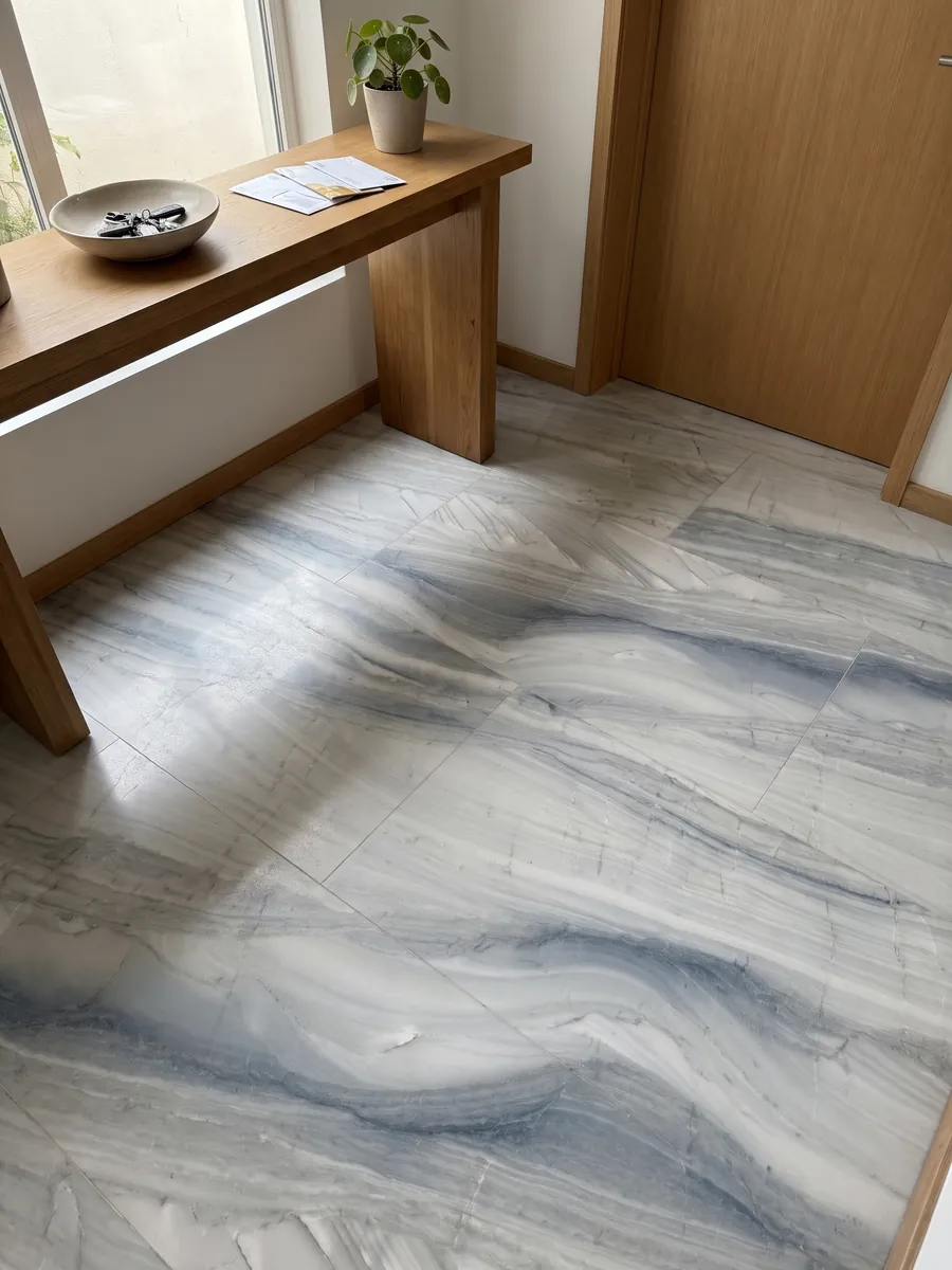 Entryway floor in large gray Polaris quartzite tiles under natural light: light gray with soft blue-gray waves running diagonally