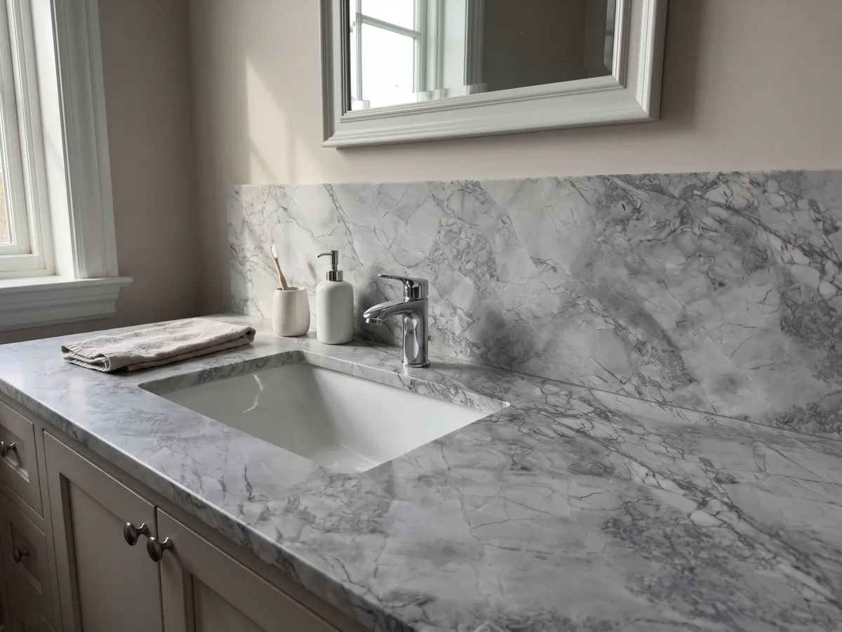 Vanity top and bathroom wall in gray Super White quartzite with a white sink and chrome fixtures: light gray with a network of slightly darker gray veins