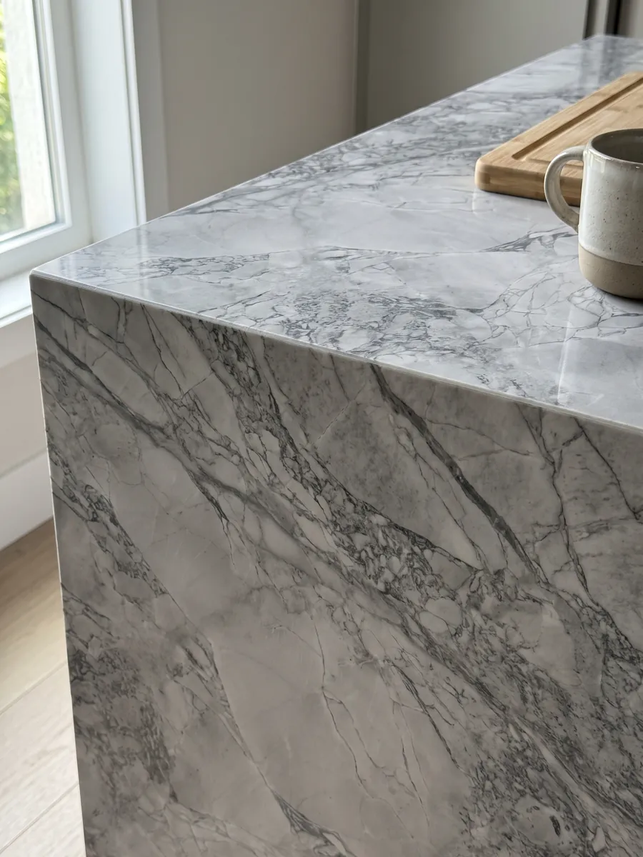 Straight edge of a kitchen countertop in gray Super White quartzite with the vein continuing over the edge: light gray with a network of slightly darker gray veins