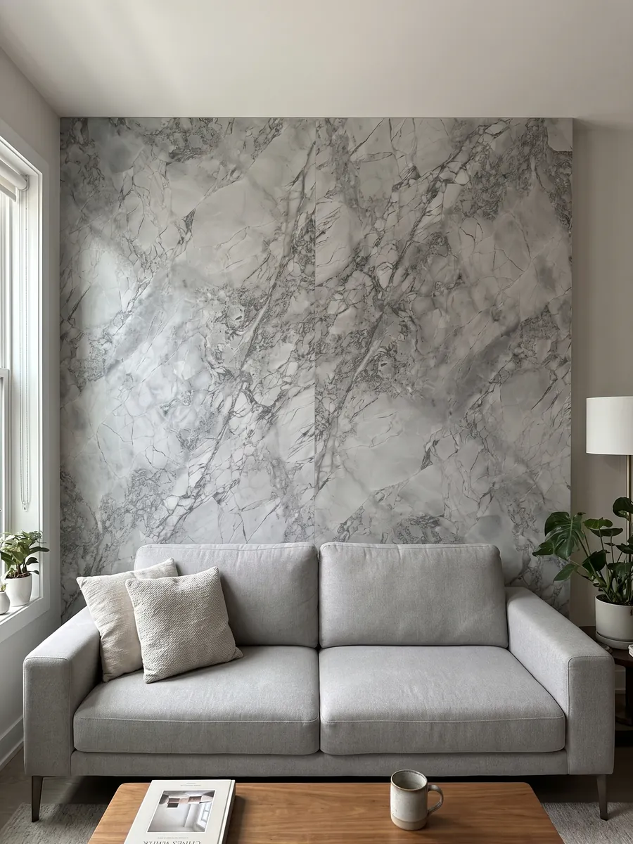 Living room wall clad in bookmatched slabs of gray Super White quartzite behind a sofa: light gray with a network of slightly darker gray veins