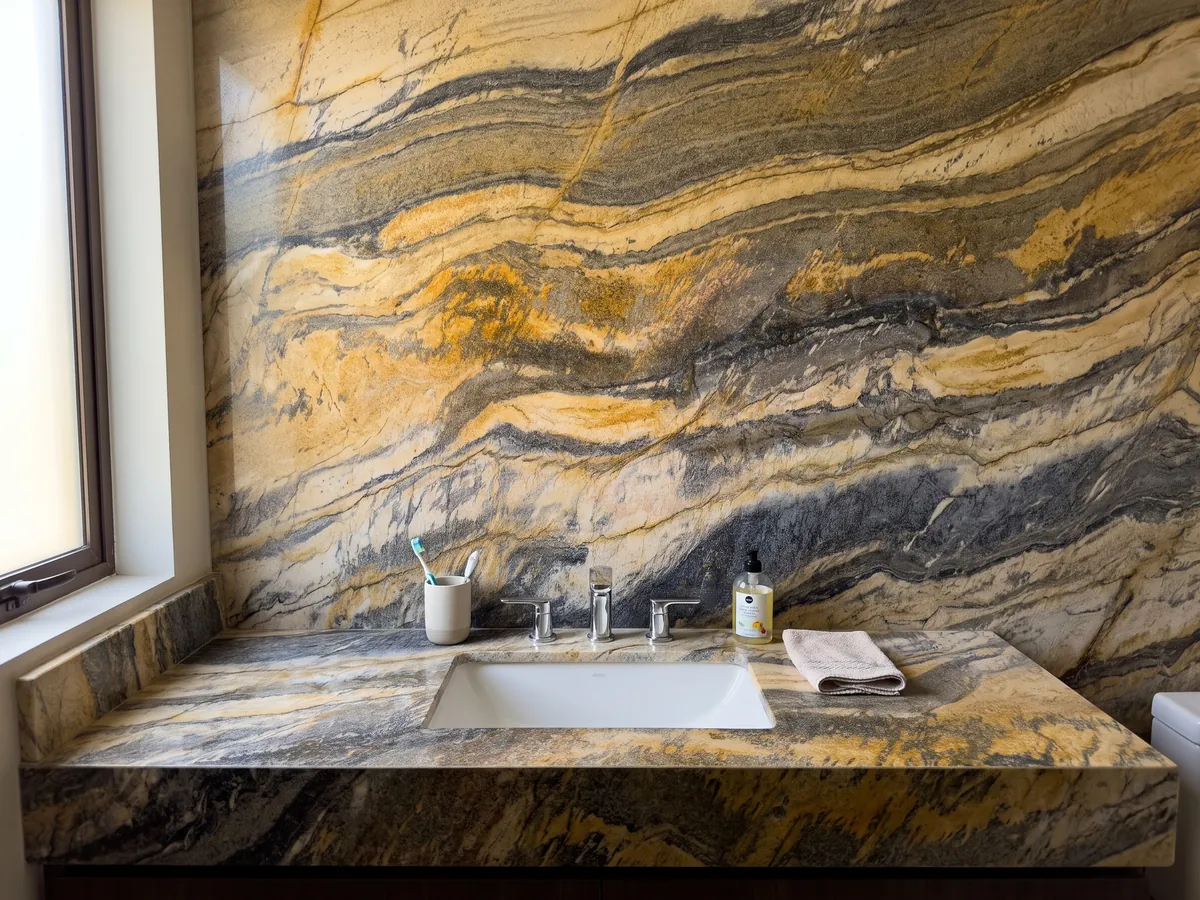 Vanity top and bathroom wall in Jacaranda quartzite with a white sink and chrome faucets: wavy bands of mustard yellow and dark gray with plenty of movement