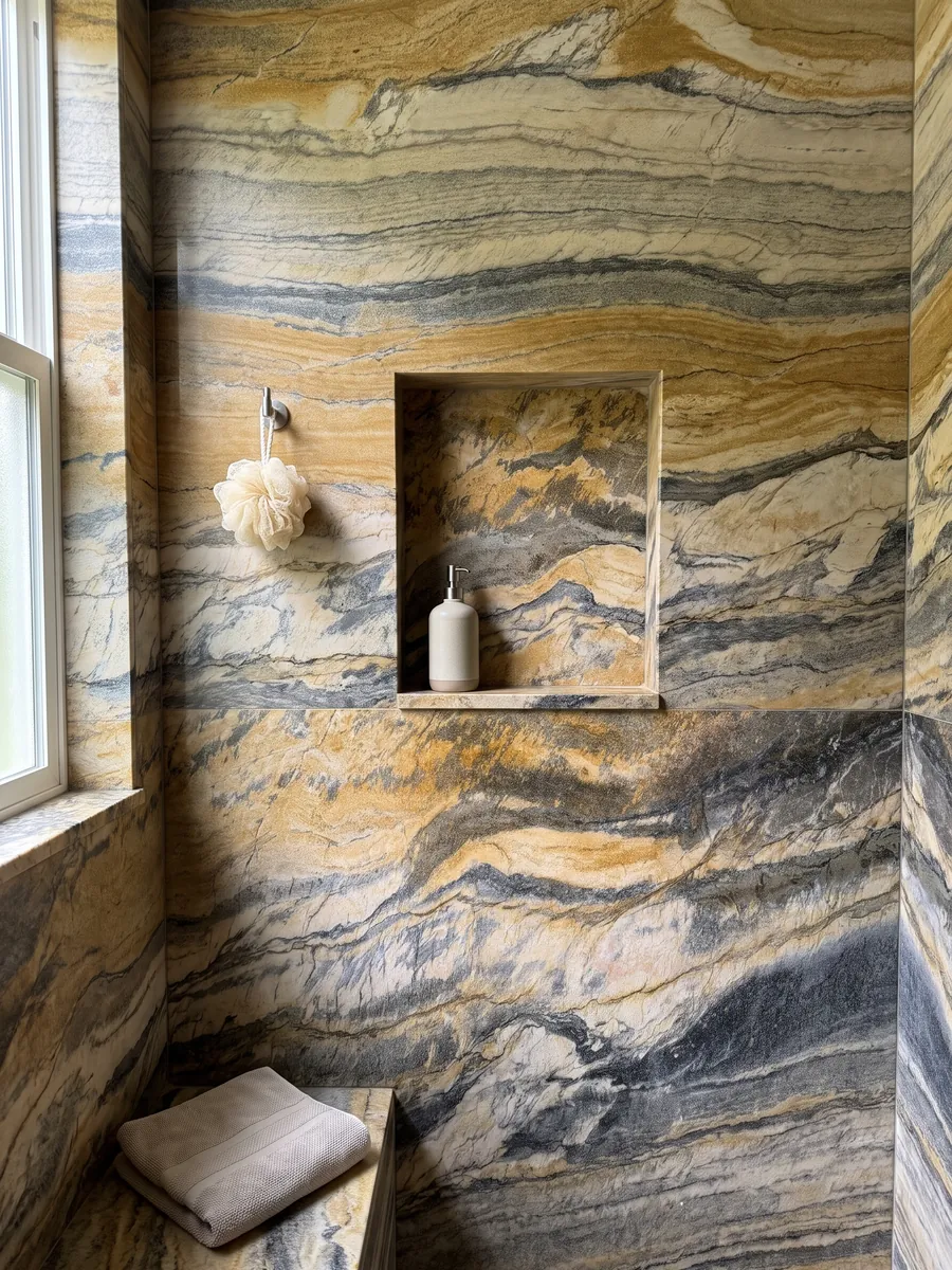 Shower clad in full Jacaranda quartzite slabs with a recessed niche: wavy bands of mustard yellow and dark gray with plenty of movement