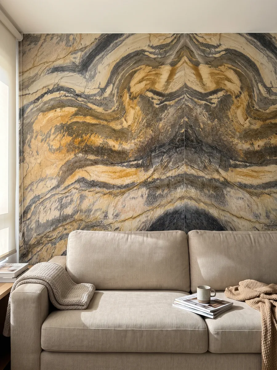 Living room wall clad with bookmatched Jacaranda quartzite slabs behind a sofa: wavy bands of mustard yellow and dark gray with plenty of movement