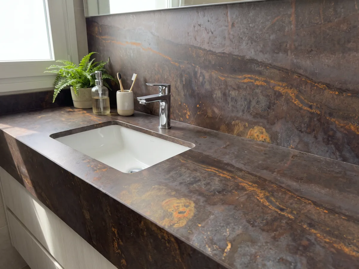 Vanity top and bathroom wall in brown Bronzite quartzite with a white sink and chrome fixtures: dark brown with a horizontal band scattered with golden orange flecks