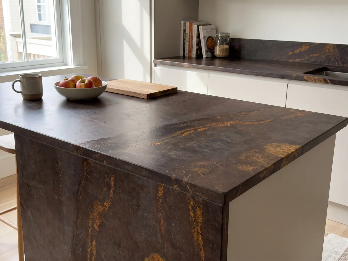 Kitchen island with a Bronzite quartzite countertop and a straight edge in a kitchen with natural light: dark brown with a horizontal strip dotted with golden orange glints