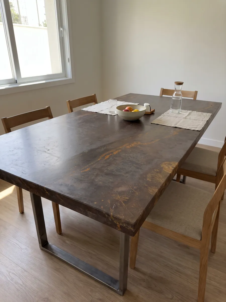 Dining table with a brown Bronzite quartzite top on a steel base: dark brown with a horizontal band scattered with golden orange flecks