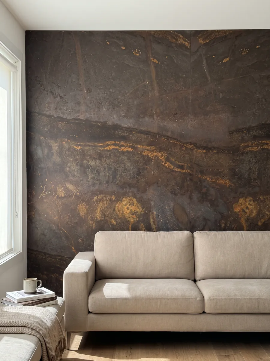 Living room wall clad with bookmatched brown Bronzite quartzite slabs behind a sofa: dark brown with a horizontal band scattered with golden orange flecks