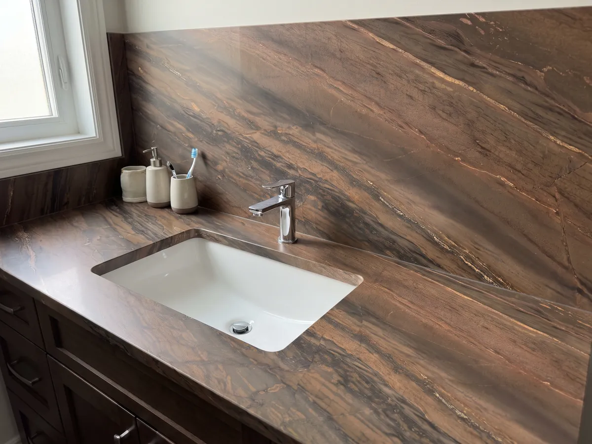 Vanity top and bathroom wall in Elegant Brown quartzite with a white sink and chrome fixtures: coppery brown in parallel diagonal bands with fine gold lines