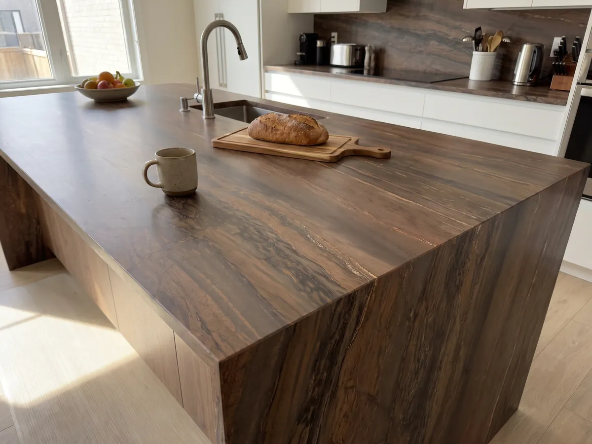 Kitchen island with an Elegant Brown quartzite countertop and a straight edge in a kitchen with natural light: coppery brown in parallel diagonal bands with fine gold lines