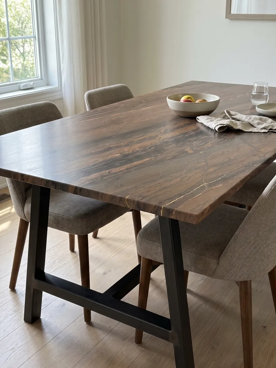 Dining table with an Elegant Brown quartzite top on a steel base: coppery brown in parallel diagonal bands with fine gold lines