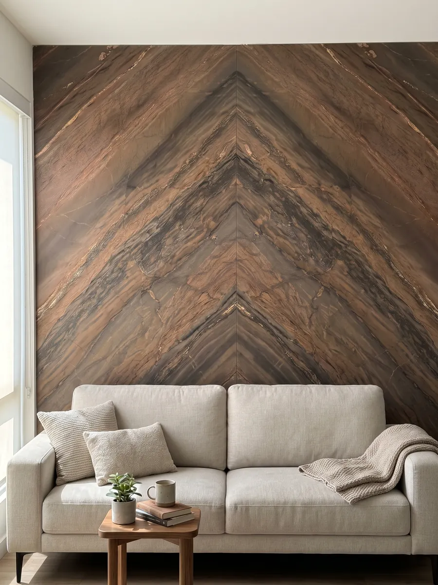 Living room wall clad in bookmatched slabs of Elegant Brown quartzite behind a sofa: coppery brown in parallel diagonal bands with fine gold lines
