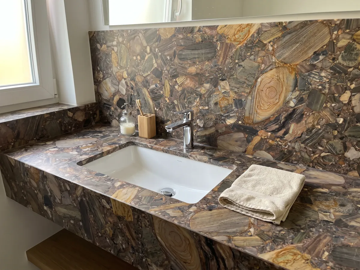 Vanity top and bathroom wall in Four Seasons quartzite with a white sink and chrome faucet: a mosaic of brown, grey and ochre pebbles with one large ringed stone