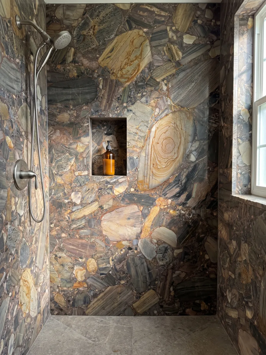Shower clad in full slabs of brown Four Seasons quartzite with a recessed niche: a mosaic of brown, gray, and ocher pebbles with a large ringed pebble