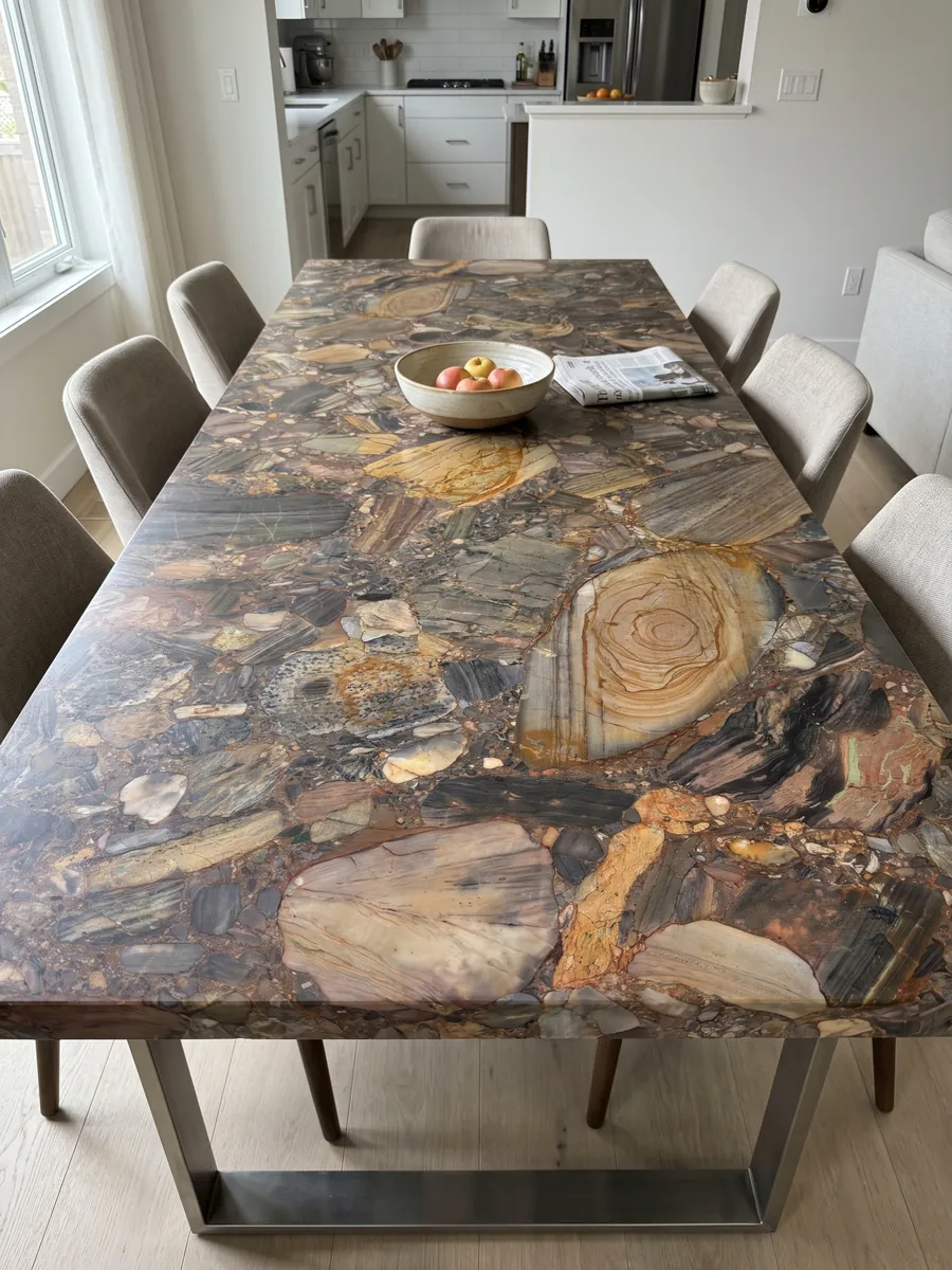 Dining table with a brown Four Seasons quartzite top on a steel base: a mosaic of brown, gray, and ocher pebbles with a large ringed pebble