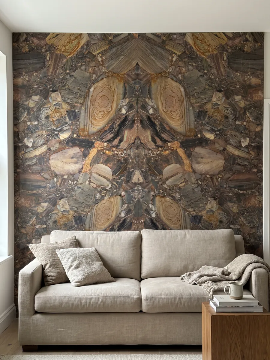 Living room wall clad with bookmatched slabs of brown Four Seasons quartzite behind a sofa: a mosaic of brown, gray, and ocher pebbles with a large ringed pebble