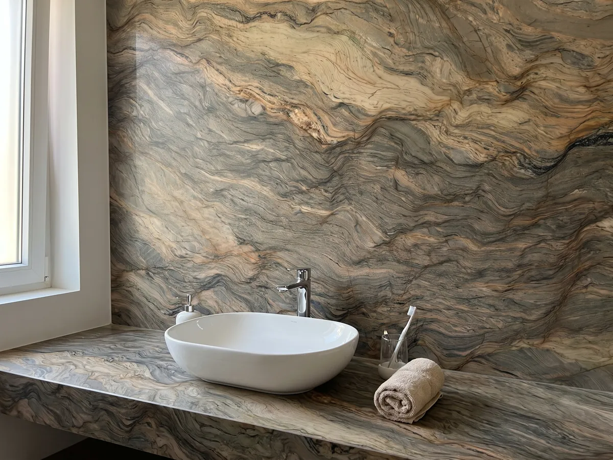Vanity top and bathroom wall in brown Fusion quartzite with a white sink and chrome fixtures: horizontal waves in ocher and greenish gray, like layers of earth