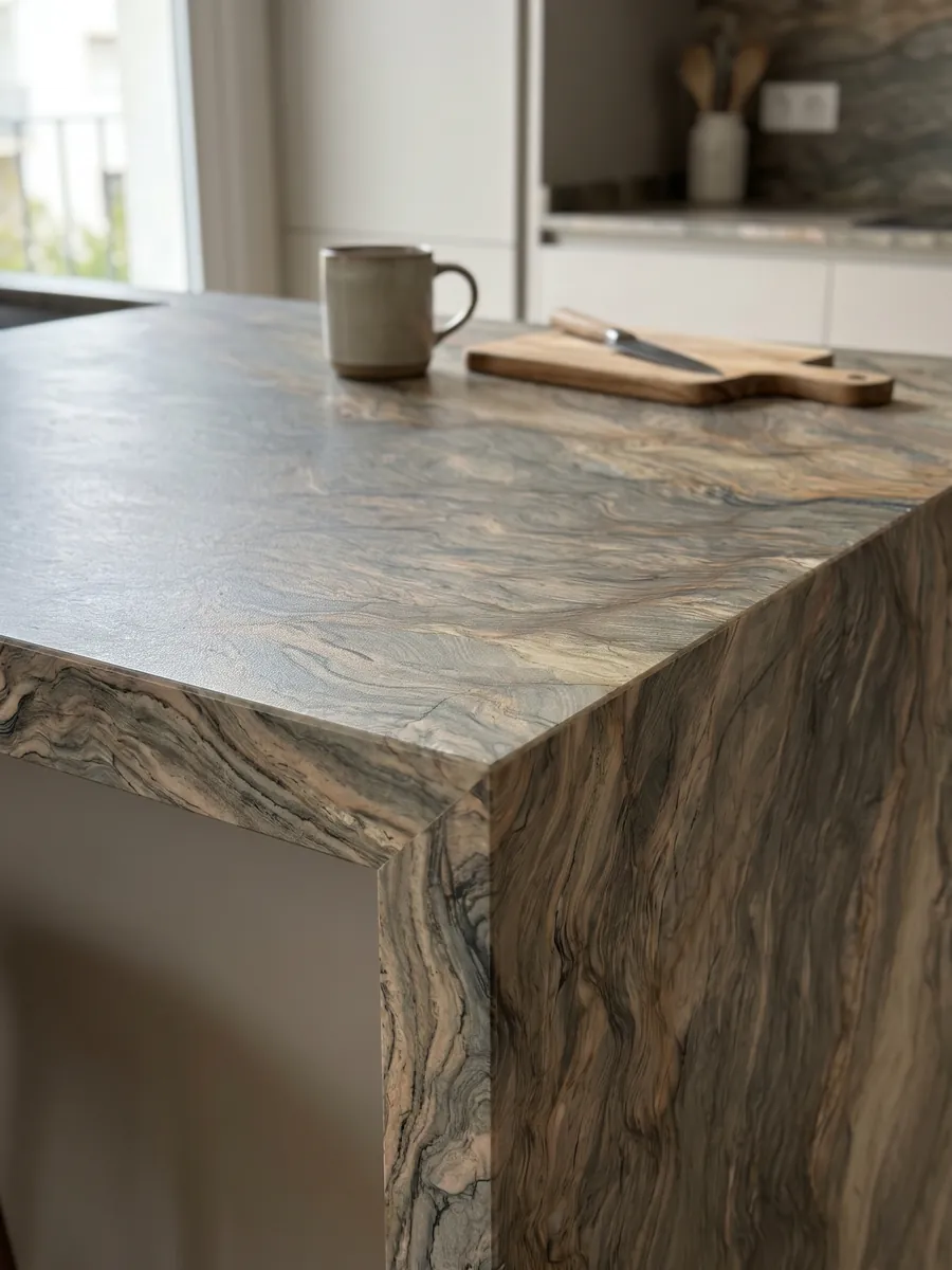 Straight edge of a kitchen countertop in brown Fusion quartzite with the vein continuing over the edge: horizontal waves in ocher and greenish gray, like layers of earth