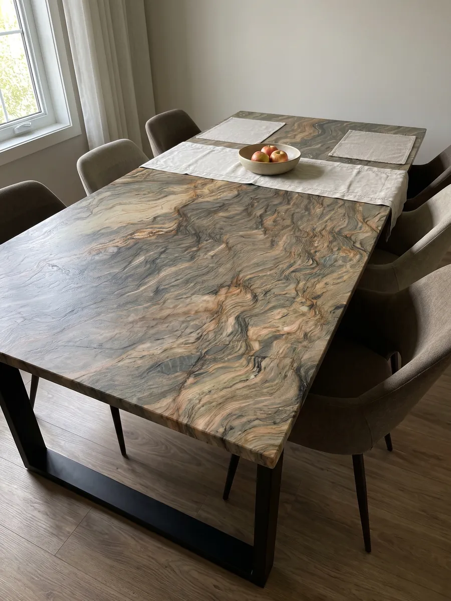 Dining table with a brown Fusion quartzite top on a steel base: horizontal waves in ocher and greenish gray, like layers of earth