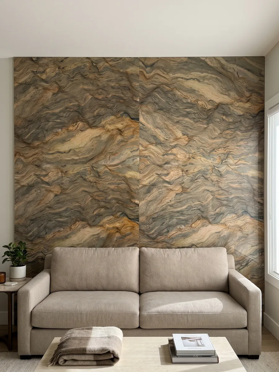 Living room wall clad with bookmatched slabs of brown Fusion quartzite behind a sofa: horizontal waves in ocher and greenish gray, like layers of earth