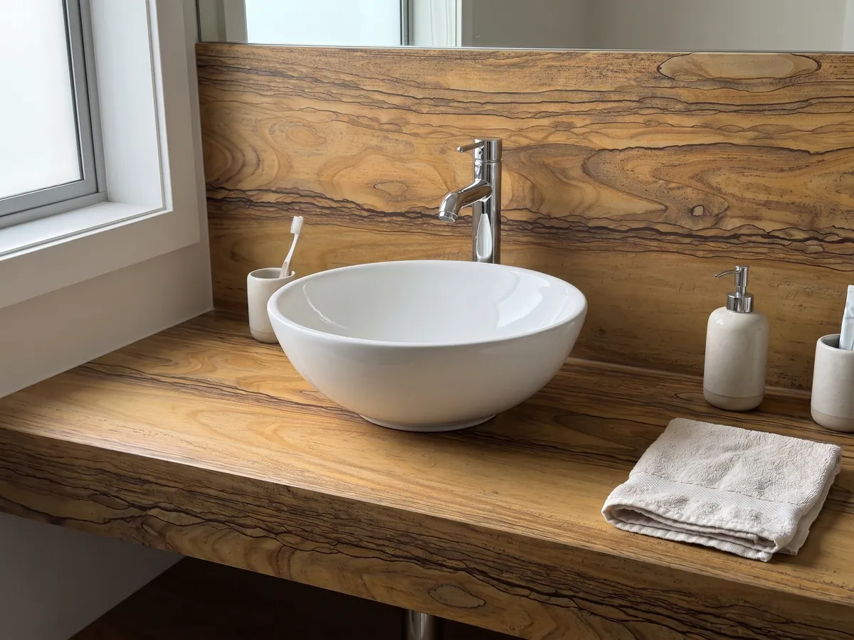Vanity top and bathroom wall in brown Radika quartzite with a white sink and chrome fixtures: honey brown with a band pattern that recalls wood