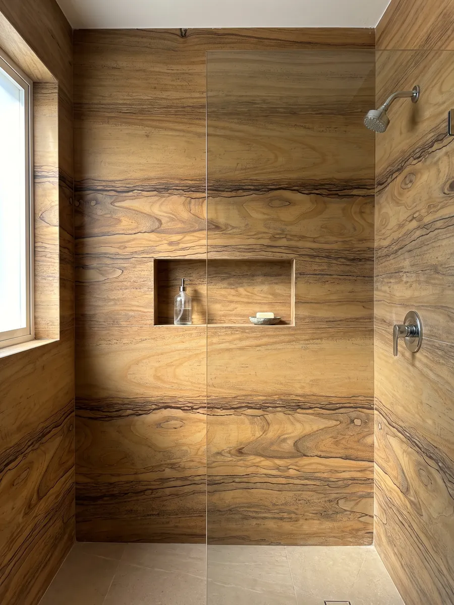 Shower clad in full brown Radika quartzite slabs with a recessed niche: honey brown with a band pattern that recalls wood