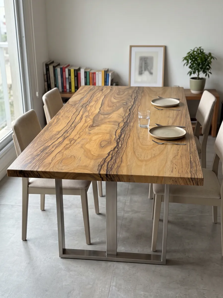 Dining table with a brown Radika quartzite top on a steel base: honey brown with a band pattern that recalls wood