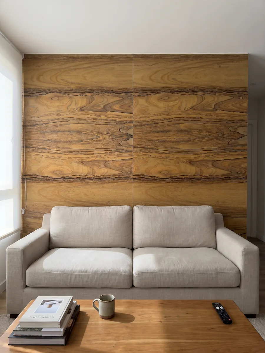 Living room wall clad in bookmatched brown Radika quartzite slabs behind a sofa: honey brown with a band pattern that recalls wood