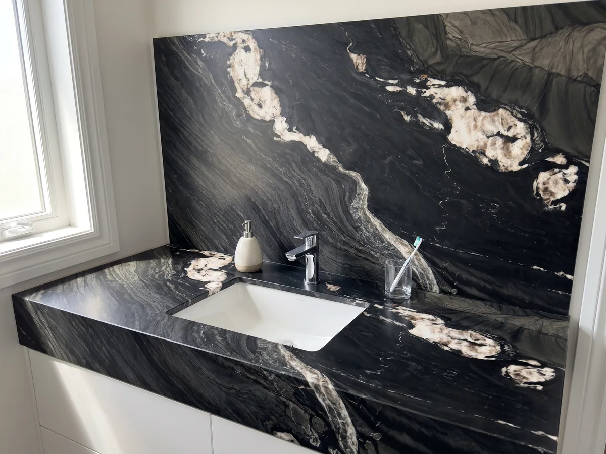 Vanity top and bathroom wall in Black Tempest quartzite with a white sink and chrome fixtures: black with gray waves and a diagonal line of large white patches