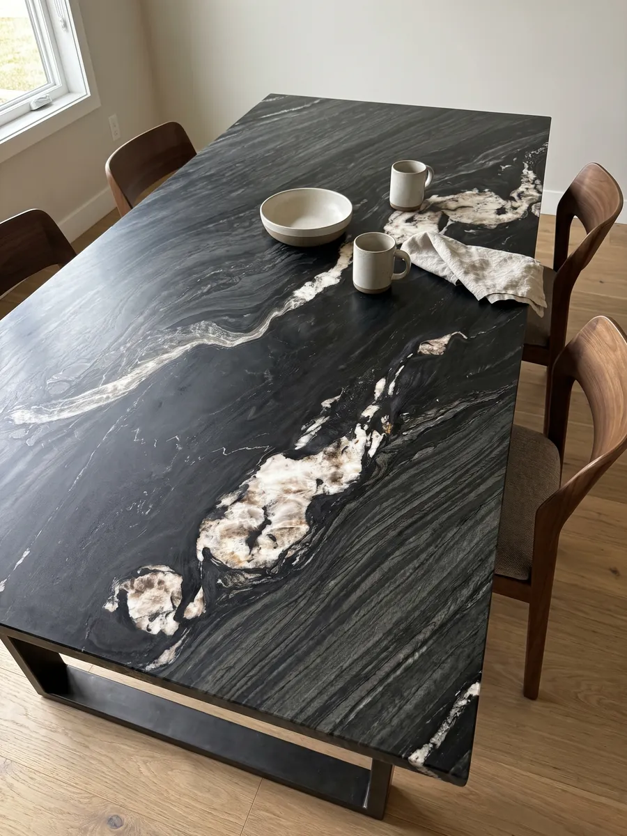 Dining table with a Black Tempest quartzite top on a steel base: black with gray waves and a diagonal line of large white patches