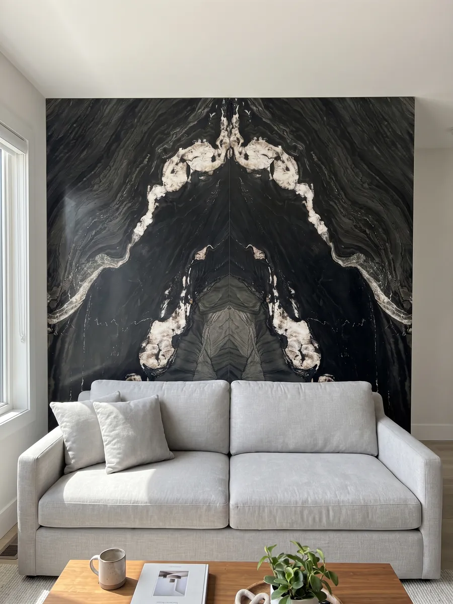 Living room wall clad with bookmatched Black Tempest quartzite slabs behind a sofa: black with gray waves and a diagonal line of large white patches