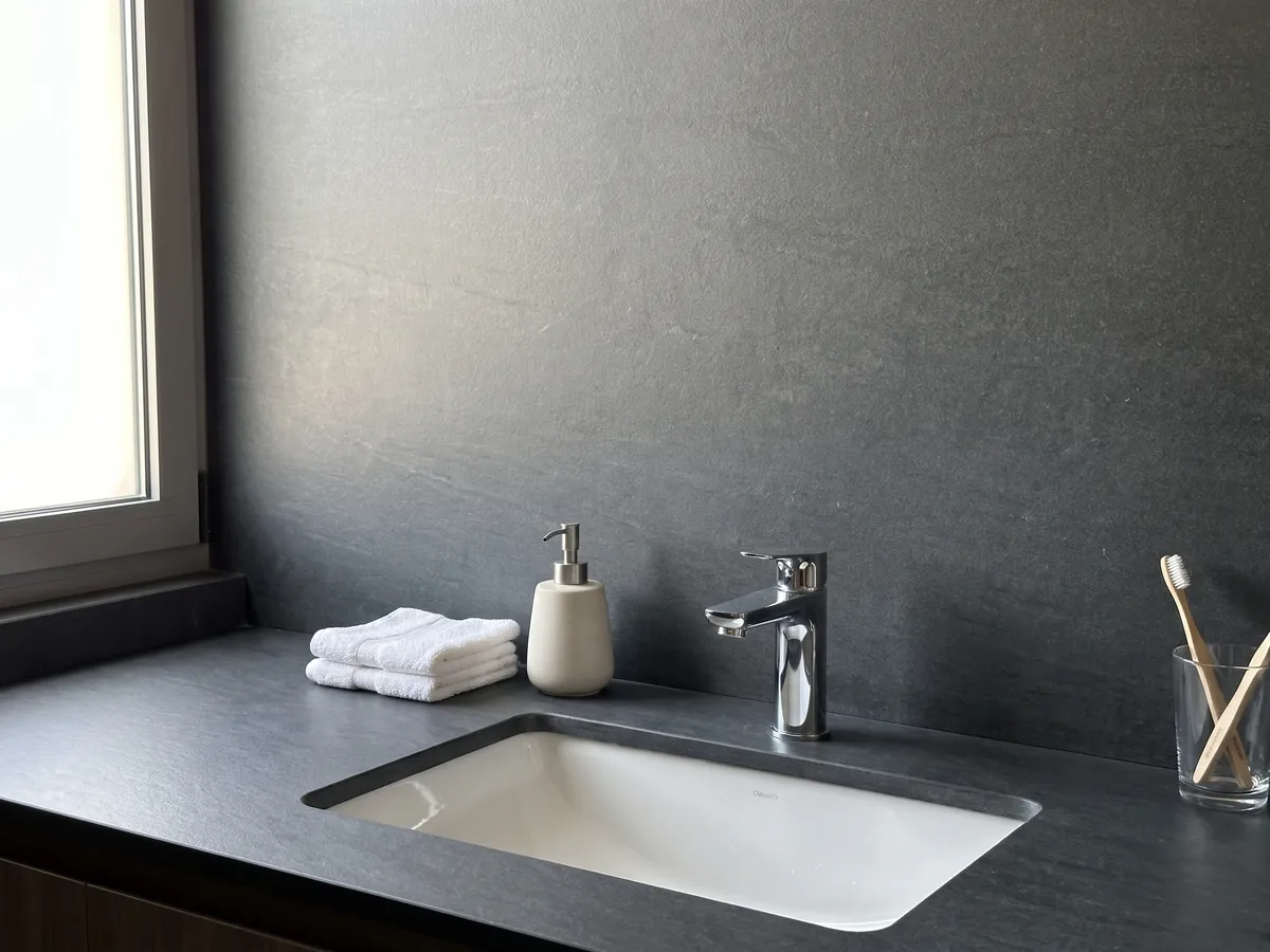 Vanity top and bathroom wall in Black Vermont quartzite with a white sink and chrome fixtures: nearly uniform anthracite gray with no visible pattern