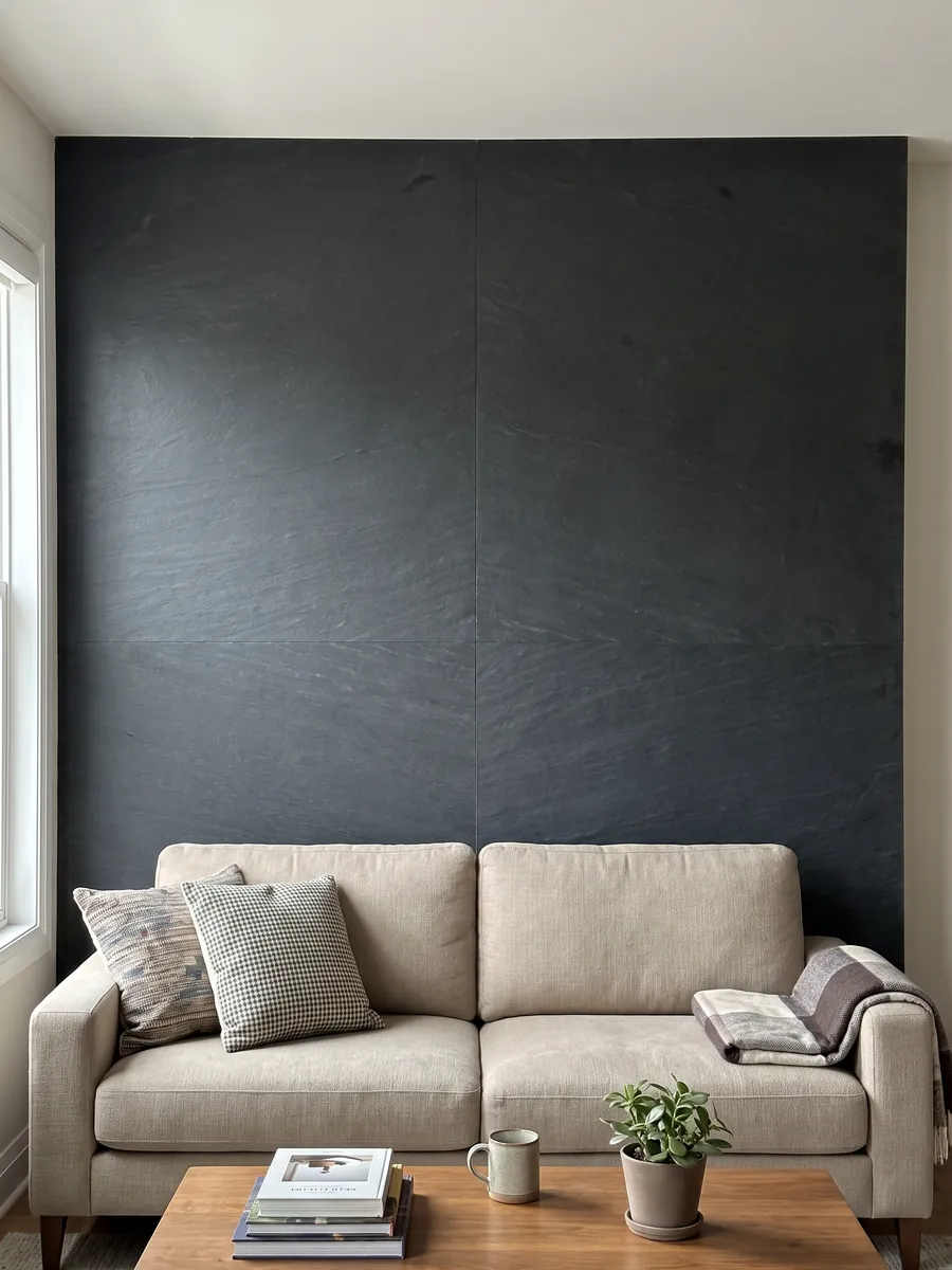 Living room wall clad with bookmatched Black Vermont quartzite slabs behind a sofa: nearly uniform anthracite gray with no visible pattern