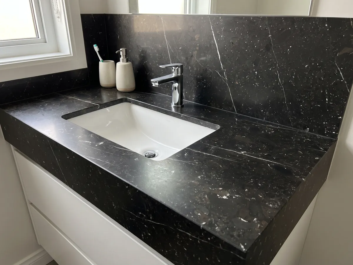 Vanity top and bathroom wall in black Infinity Brown quartzite with a white sink and chrome faucets: near black with fine diagonal white veins and light flecks