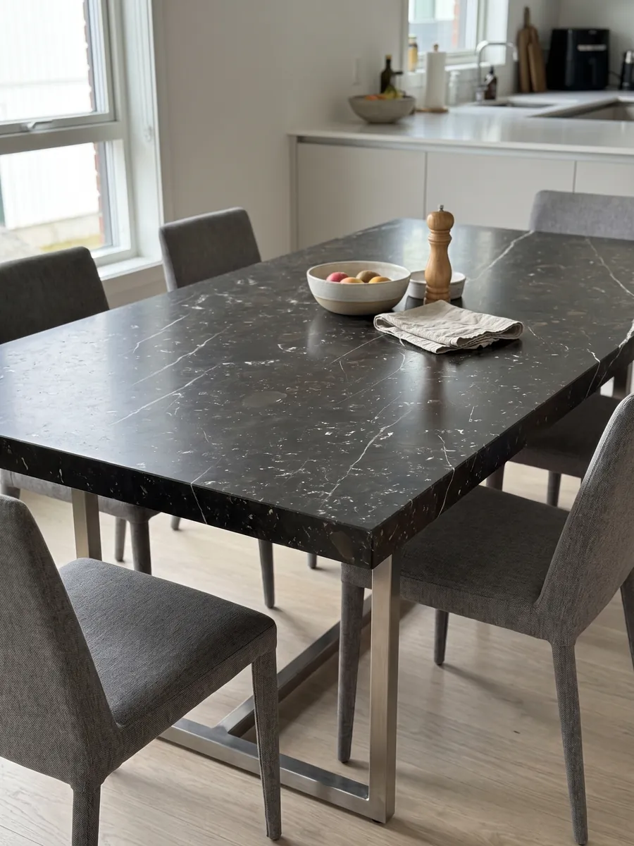 Dining table with a black Infinity Brown quartzite top on a steel base: near black with fine diagonal white veins and light flecks