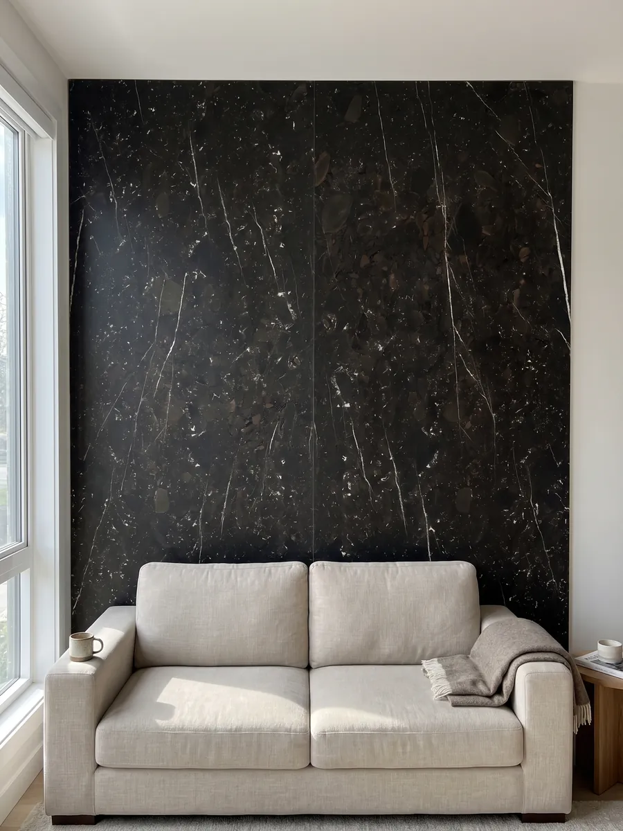 Living room wall clad with bookmatched black Infinity Brown quartzite slabs behind a sofa: near black with fine diagonal white veins and light flecks